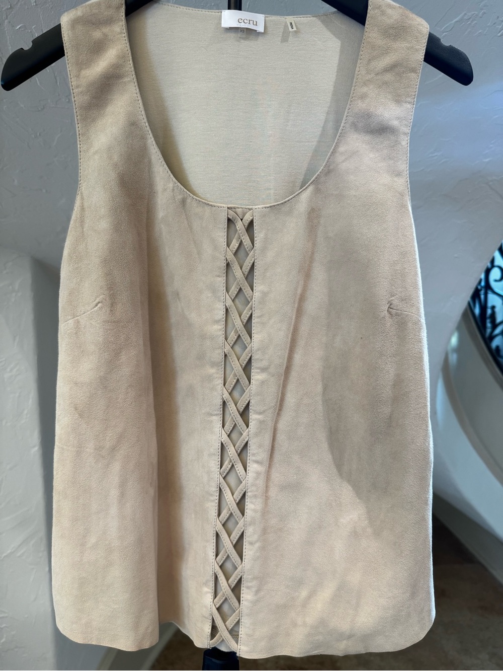 ecru Neutral Suede Lattice-Front Tank